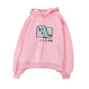 Harajuku Cartoon Dinosaur Print Hoodies Women Casual Long Sleeve Loose Hooded Sweatshirt Autumn Winter Fleece Hoody Pullover Top