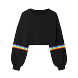 Womens Long Sleeve Striped Crop Rainbow stripes Short Sweatshirt Jumper Black Pullover Top Sudadera Corta