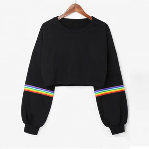 Womens Long Sleeve Striped Crop Rainbow stripes Short Sweatshirt Jumper Black Pullover Top Sudadera Corta