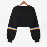 Womens Long Sleeve Striped Crop Rainbow stripes Short Sweatshirt Jumper Black Pullover Top Sudadera Corta