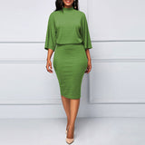 Office Ladies Pencil Dress Turtleneck Half Sleeve Work Body-con Women Dress Empire