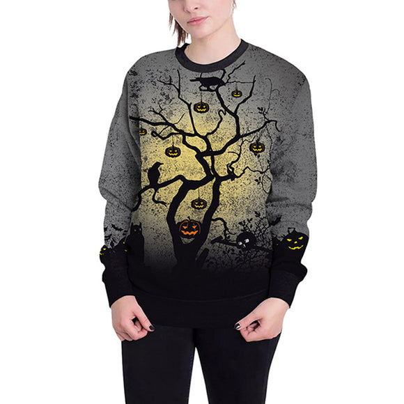 Halloween Women Tree and Pumpkin Light Print Sweatshirts Fashion Round Collar Pullover Casual Long Sleeve Loose Hoodies 2018