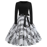 Winter Christmas Dresses Women 50S 60S Vintage Robe Swing Pinup Elegant Party Dress Long Sleeve Casual Plus Size Print Black