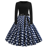 Winter Christmas Dresses Women 50S 60S Vintage Robe Swing Pinup Elegant Party Dress Long Sleeve Casual Plus Size Print Black
