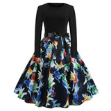 Winter Christmas Dresses Women 50S 60S Vintage Robe Swing Pinup Elegant Party Dress Long Sleeve Casual Plus Size Print Black